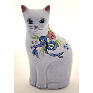 CERAMIC SITTING CAT-N.S. GUSTIN CO.-White-Floral-Shelf Decor-Hand Decorated